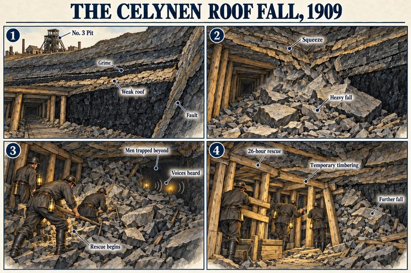 Four panels: a weak roof between a grime and a fault below No. 3 Pit, a squeeze bringing down a heavy fall, rescuers digging towards trapped men, and timbering as a further fall comes in.