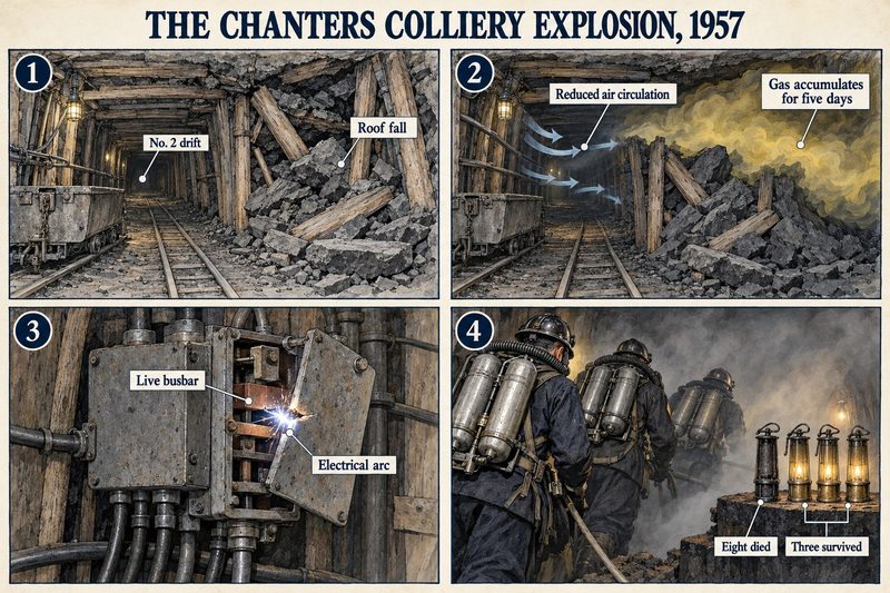 Four panels: a roof fall in the No. 2 drift, gas gathering for five days as the air slows, an arc from a live busbar in a switch, and rescuers in breathing apparatus beside lamps for the dead.