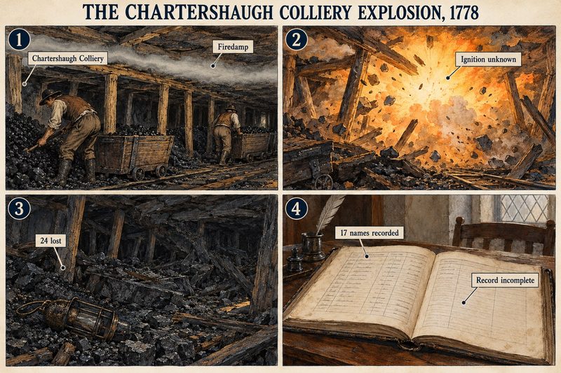 Four panels: firedamp over men hewing and putting, an explosion of unknown ignition, the wrecked workings where 24 died, and a burial register holding 17 names.