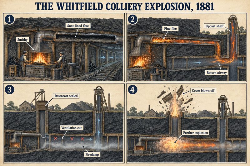 Four panels: the smithy and its soot-lined flue, the flue fire drawn to the upcast shaft, the downcast sealed and firedamp gathering, and the further explosion blowing the cover off.