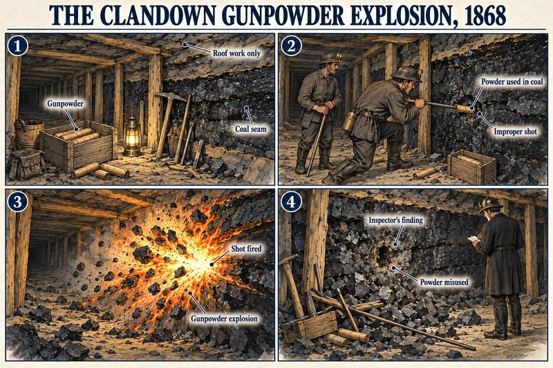 Four panels: powder issued for blasting top, two colliers charging a hole in the coal instead, the explosion, and the inspector's finding.
