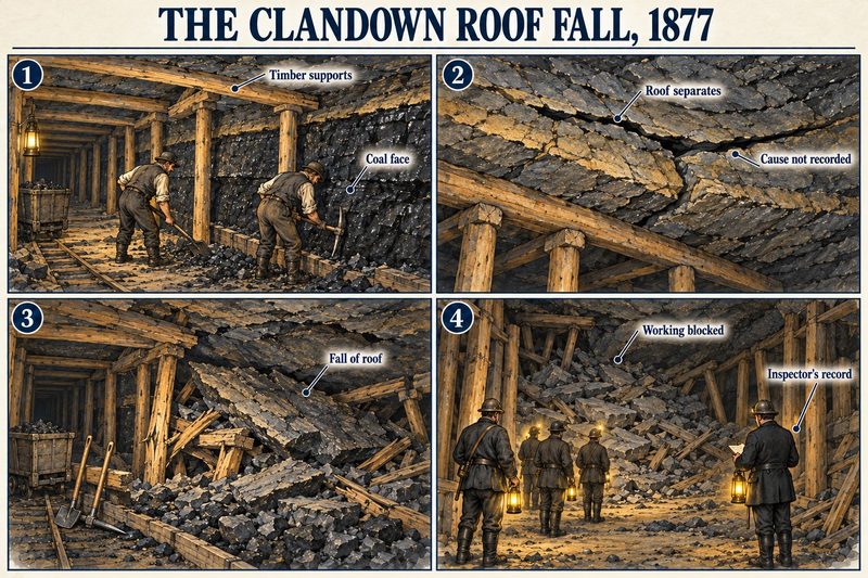 Four panels: two colliers at a timbered coal face, the roof separating, the fall of roof, and the blocked working with the inspector taking notes.
