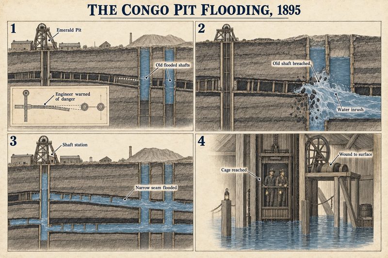 Four panels: the Emerald Pit near old flooded shafts, a shaft breached and water pouring in, the narrow seam flooded, and men reaching the cage to be wound up.