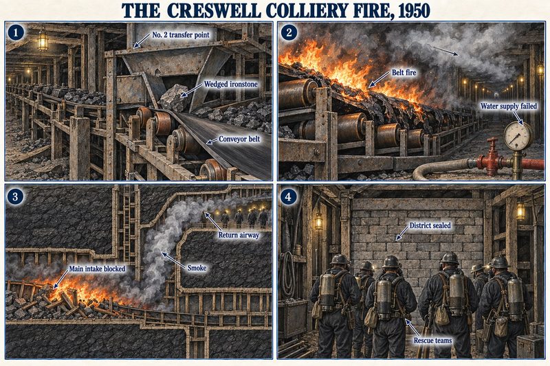 Four panels: ironstone wedged at the No.2 transfer point, the belt on fire with the water supply failed, smoke from the blocked intake filling the return airway, and the district sealed.