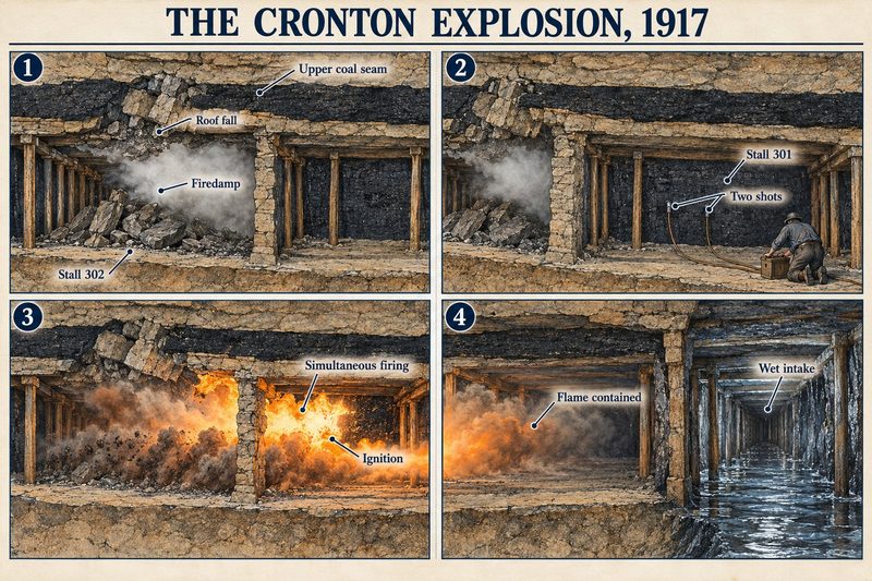 Four panels: a roof fall at stall 302 releasing firedamp, two shots at stall 301, simultaneous firing igniting the gas, and the flame stopped at a wet intake.
