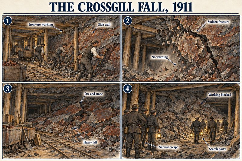 Four panels: men working an iron-ore face, the side wall fracturing without warning, a heavy fall of ore and stone, and a search party at the blocked working.