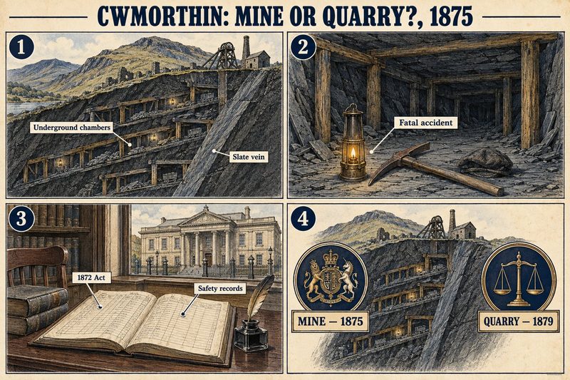 Four panels: the slate vein worked in underground chambers, a fatal accident underground, the 1872 Act and its safety records, and the rulings of mine in 1875 and quarry in 1879.
