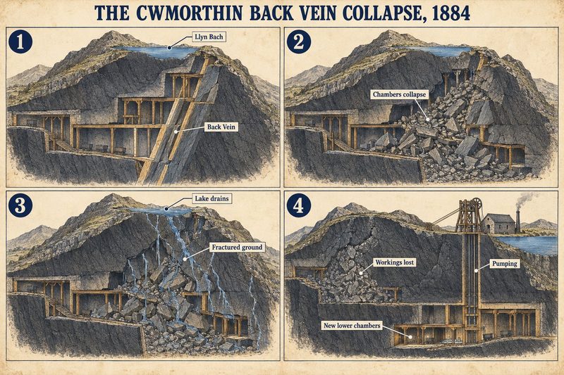 Four panels: the Back Vein chambers beneath Llyn Bach, the chambers collapsing, the lake draining through fractured ground, and the lost workings with pumping and new lower chambers.