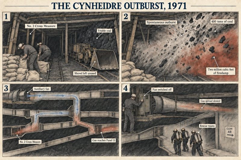 Four panels: men in the cross-measure driveage, the outburst throwing out coal and firedamp, gas carried towards Panel 13, and the fan switched off as rescue teams move in.