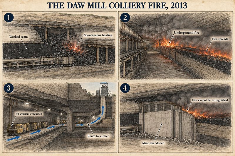Four panels: spontaneous heating in the seam, fire spreading along the roadway, 92 workers evacuating, and the mine abandoned behind a seal with the fire still burning.