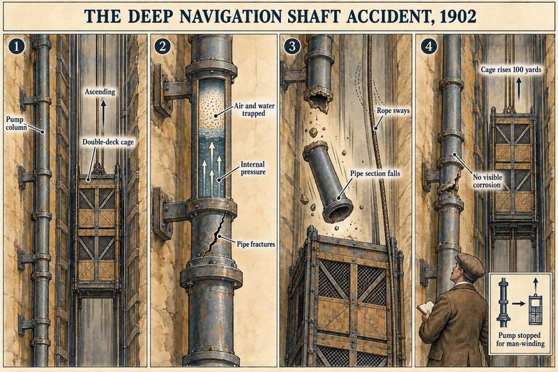 Four panels: a double-deck cage rising beside the pump column, trapped air and water fracturing a pipe, the pipe section falling onto the cage, and an inspector finding no corrosion.
