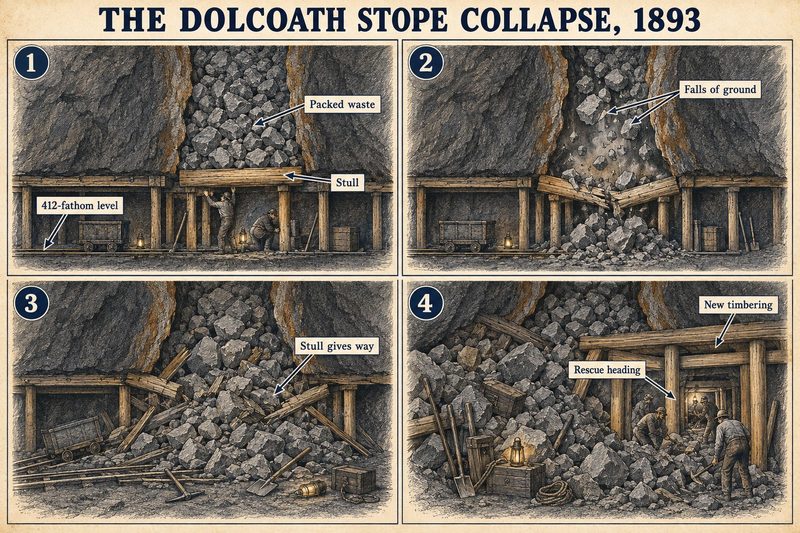 Four panels: timbermen at a stull under packed waste on the 412-fathom level, falls of ground, the stull giving way, and the rescue heading driven through the fall with new timbering.