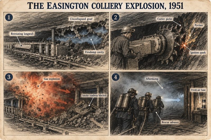 Four panels: a firedamp cavity in the goaf, cutter picks sparking on pyrites, the explosion blocking the intake roadway, and rescuers advancing through afterdamp.