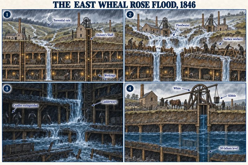 Four panels: a thunderstorm sending water down Oxnam's Shaft, surface men trying to dam the torrents, candles put out as miners flee by ladder, and a whim and kibble above the flooded 50-fathom level.