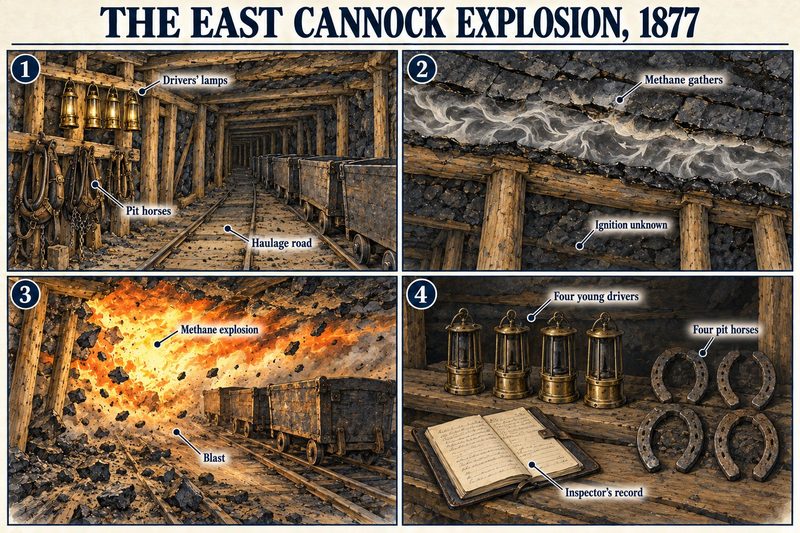 Four panels: drivers' lamps and horse harness by a haulage road, methane gathering in the roof, the explosion, and four lamps and four horseshoes by a record book.