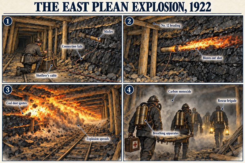 Four panels: a shotfirer's cable connection failing, a blown-out shot in No. 12 heading, coal dust igniting along the roadway, and a rescue brigade in breathing apparatus.