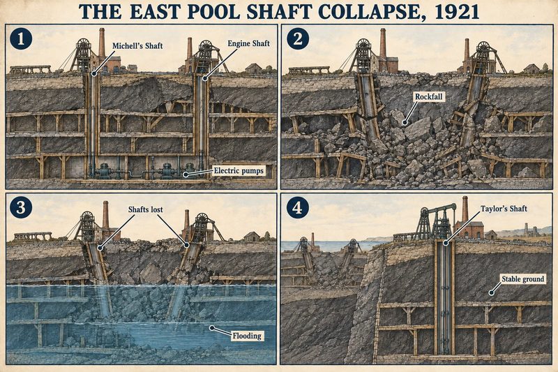 Four panels: Michell's and Engine shafts with the electric pumps below, the rockfall, both shafts lost and the workings flooding, and Taylor's Shaft sunk in stable ground.