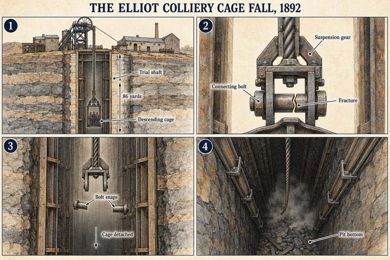 Four panels: a cage descending an 86-yard trial shaft, the connecting bolt fracturing, the bolt snapping and the cage detaching, and the wreckage at the pit bottom.