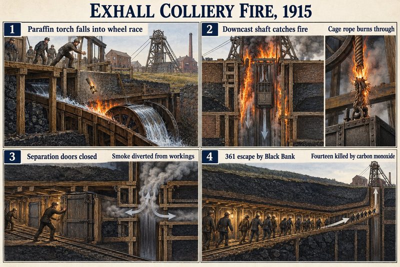 Four panels: a torch falling into the wheel race, the downcast burning and a cage rope burning through, a man shutting a separation door, and men walking out to Black Bank.
