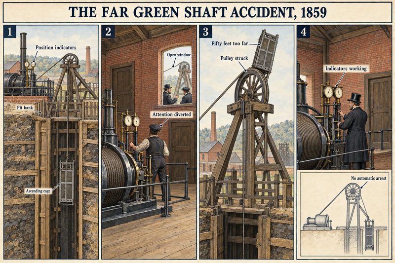 Four panels: a cage ascending the pit, the engineman distracted by men at an open window, the cage 50 feet too far and striking the pulley, and the indicators found working.