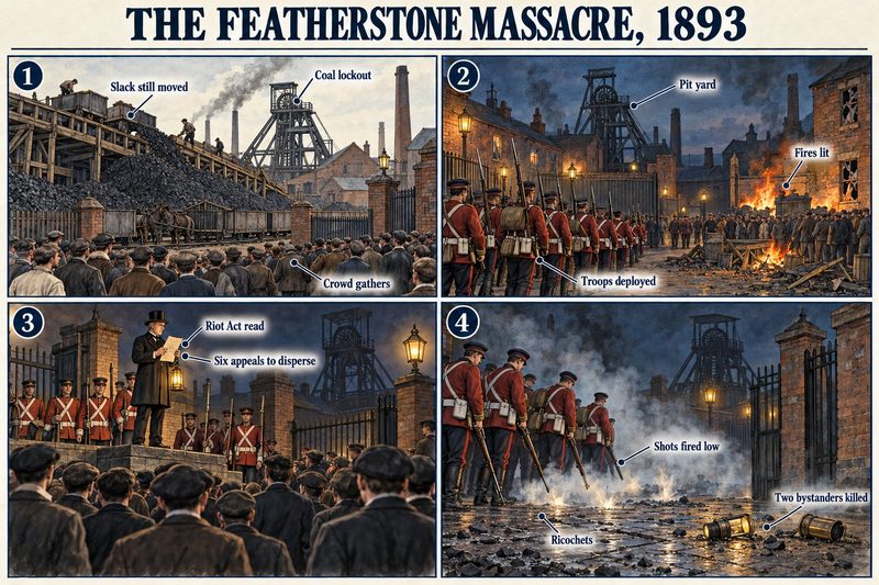 Four panels: a crowd gathering as slack is moved in the lockout, troops and fires in the pit yard, the Riot Act read by lantern, and soldiers firing low with ricochets.