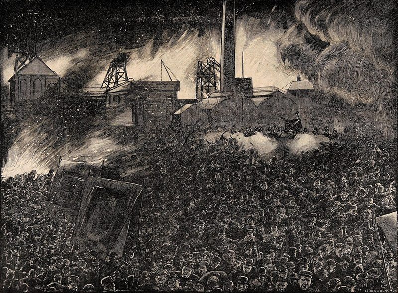 A drawing of soldiers with rifles raised firing into a crowd outside Ackton Hall Colliery at night, published in Cassell's History of England.