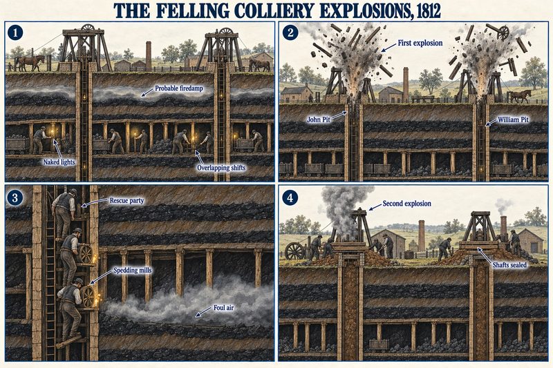 Four panels: miners with naked lights under probable firedamp, the first explosion at John and William Pits, a rescue party lit by Spedding mills, and the shafts sealed after the second explosion.