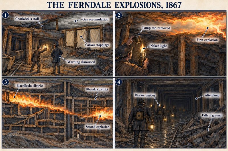 Four panels: gas in Chadwick's stall and a dismissed warning, a naked light after the lamp top was removed, the second explosion in the Rhondda district, and rescue parties among afterdamp.