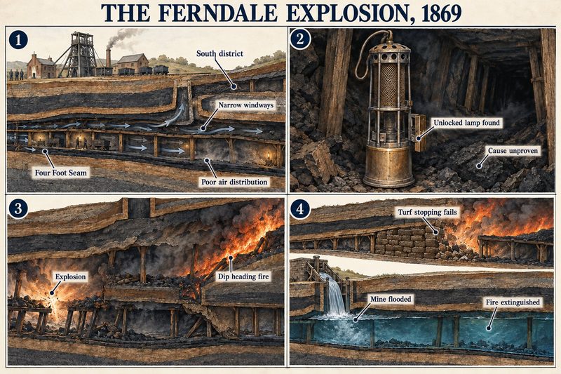 Four panels: poor air distribution in the Four Foot seam's South district, an unlocked lamp found, the explosion and dip-heading fire, and the mine flooded to put the fire out.