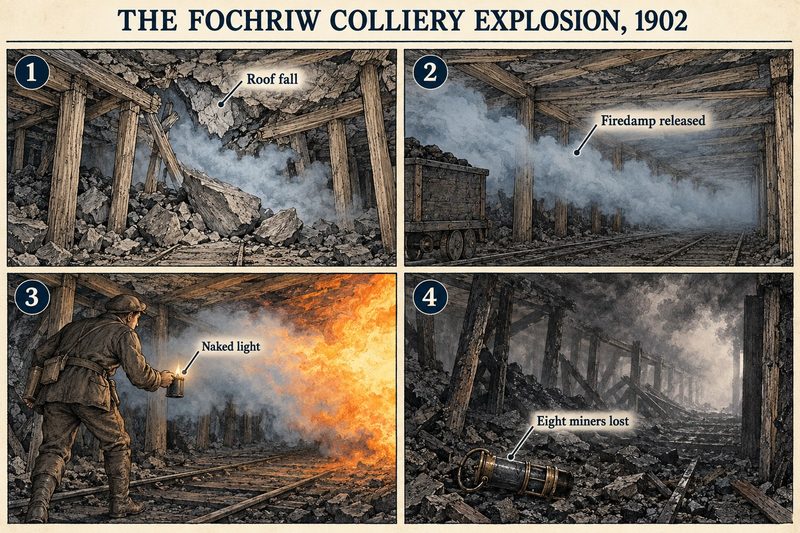 Four panels: a roof fall releasing firedamp, the gas drifting along the road, a miner's naked light firing it, and a lamp in the wreckage for the eight dead.