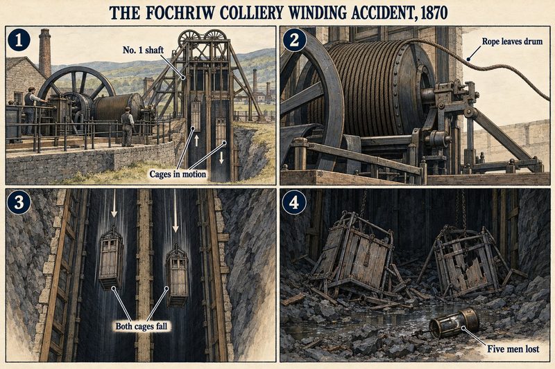 Four panels: the winding engine and No. 1 shaft with the cages moving, the rope leaving the drum, both cages falling, and the wrecked cages at the shaft bottom.