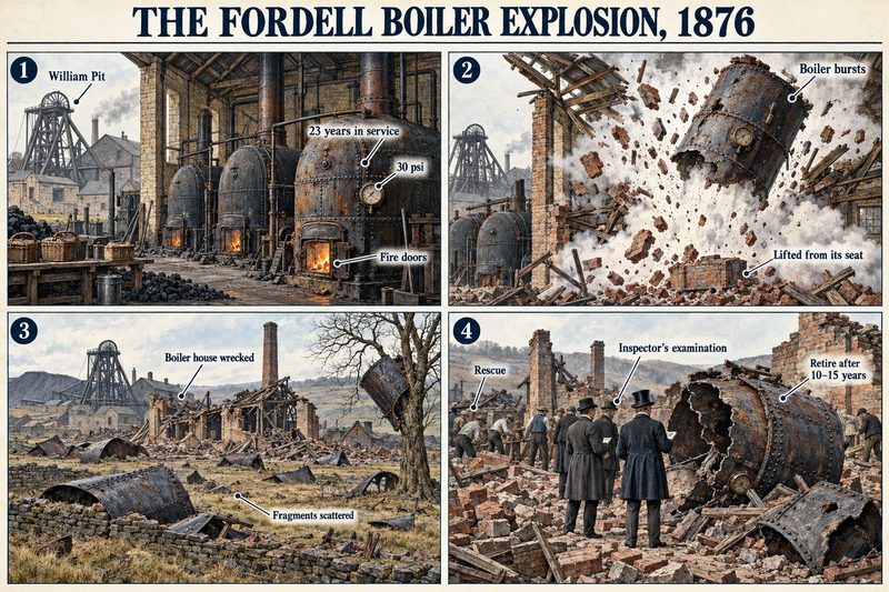 Four panels: the boilers of William Pit at 30 psi, a boiler lifted from its seat as it bursts, the wrecked boiler house with fragments scattered, and the inspector's examination.