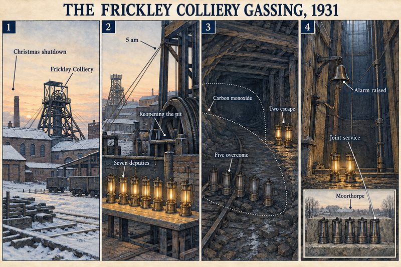 Four panels: the colliery in its Christmas shutdown, seven deputies reopening it at 5 am, five overcome by carbon monoxide while two escape, and the alarm and joint funeral service.