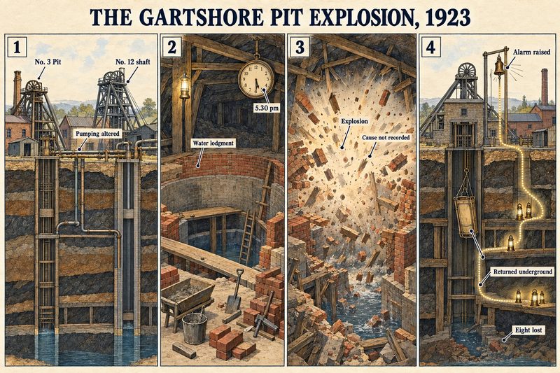 Four panels: the No. 3 pit and new No. 12 shaft, men building a water lodgment at 5.30 pm, the explosion, and the alarm raised with eight men lost.