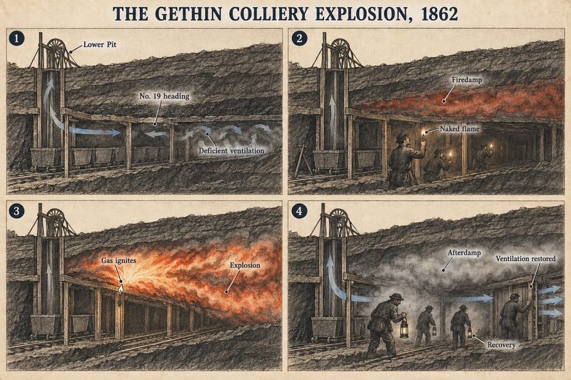 Four panels: deficient ventilation in the No. 19 heading, a naked flame meeting firedamp, the explosion running along the workings, and recovery through afterdamp.