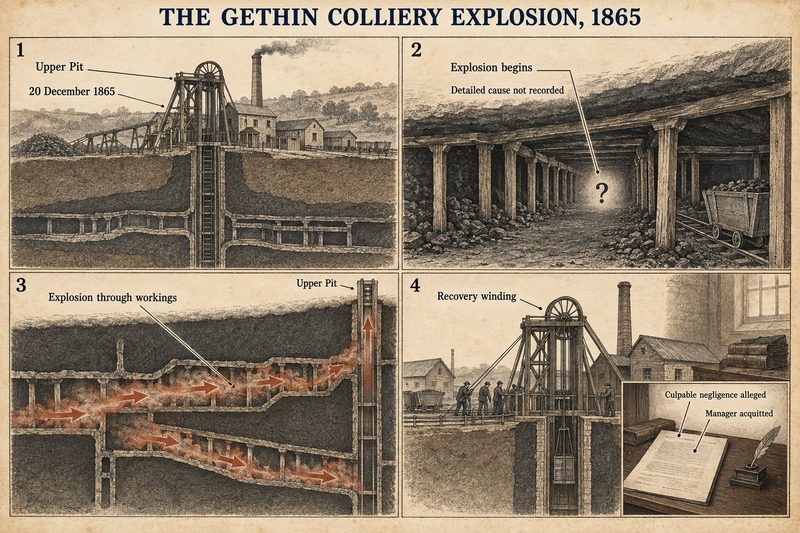 Four panels: the Upper Pit, the explosion beginning at an unrecorded point, the blast running through the workings, and the recovery winding with the manager acquitted.