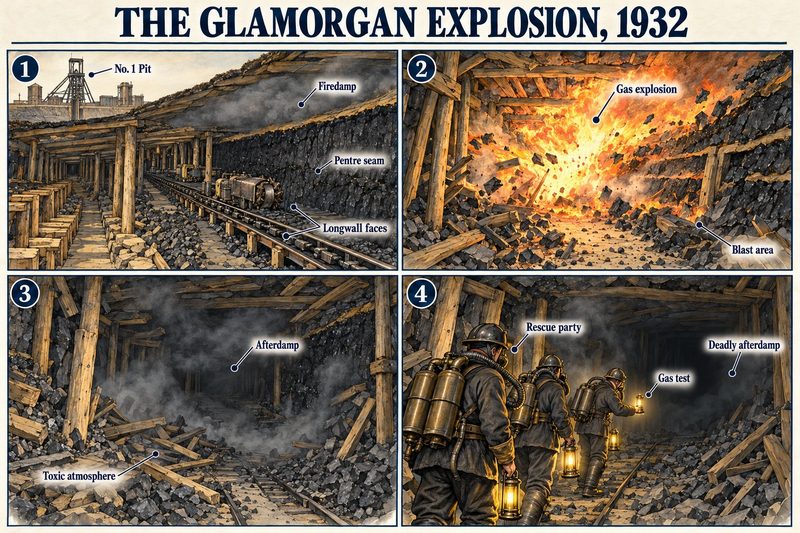 Four panels: longwall faces in the Pentre seam, the gas explosion, afterdamp filling the roadway, and a rescue party in breathing apparatus going in.