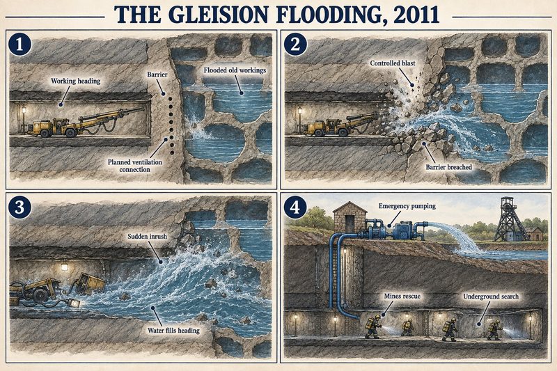 Four panels: the working heading behind a barrier from flooded old workings, the planned blast breaching it, water filling the heading, and pumping and mines rescue teams searching underground.