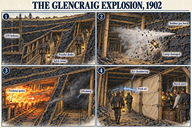 Four panels: men with safety lamps in parallel dooks 250 fathoms down, a sudden burst of gas damaging a lamp, firedamp igniting with afterdamp following, and a rescue party air chambering.