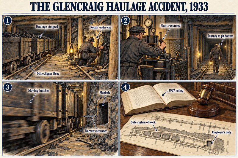 Four panels: a repairer at work beside stopped hutches on the Mine Jigger Brae, the haulage plant restarted, moving hutches passing a manhole, and a law report of the 1937 ruling.