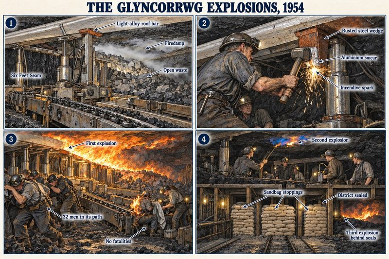 Four panels: a light-alloy roof bar on the Six Feet face, a sledgehammer striking sparks from its wedge, flame sweeping the face, and the district sealed with sandbags.