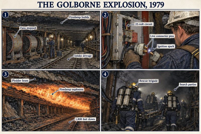 Four panels: stopped fans letting firedamp build in the Plodder Seam, a spark at live connector pins on a 25-volt circuit, the explosion 1,800 feet down, and rescue brigades searching.