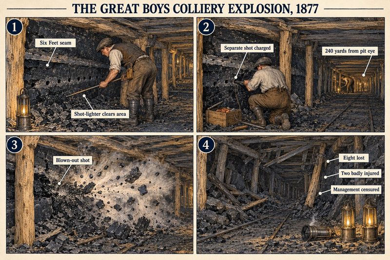 Four panels: the shot-lighter clearing a place in the Six Feet seam, another man charging a separate shot, the blown-out shot, and the wrecked road where eight died.