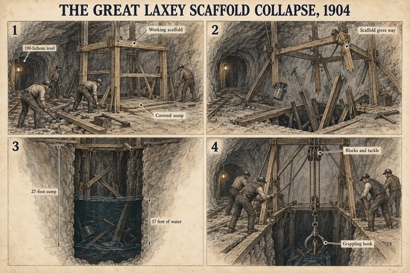 Four panels: men on a timber scaffold over a covered sump, the scaffold giving way, the wreckage in a sump holding 17 feet of water, and recovery by blocks, tackle and grappling hook.