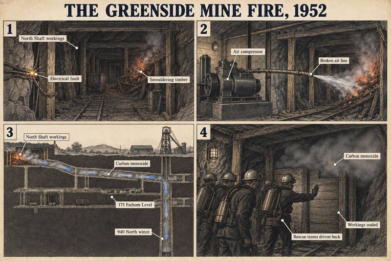 Four panels: an electrical fault setting timber smouldering, a broken air line fanning the fire, carbon monoxide carried through the levels, and rescuers driven back before sealing.