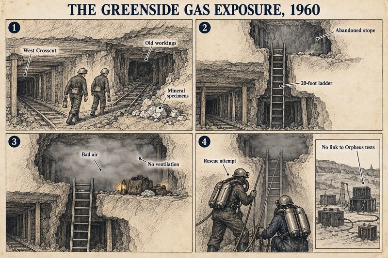 Four panels: two men entering old workings for mineral specimens, a ladder into an abandoned stope, bad air standing in it above their lamp, and the rescue attempt.