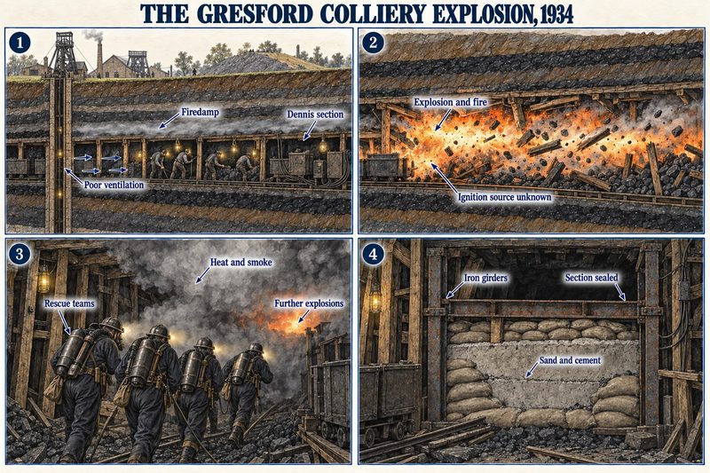 Four panels: firedamp and poor ventilation in the Dennis section, the explosion and fire, rescue teams driven back by heat and further explosions, and the section sealed with sand and cement.