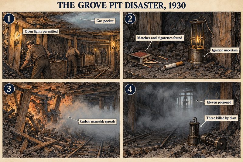 Four panels: men working by open lights under a pocket of gas, matches and a cigarette beside a lamp, carbon monoxide spreading after the explosion, and lamps on the floor of the smoky road.