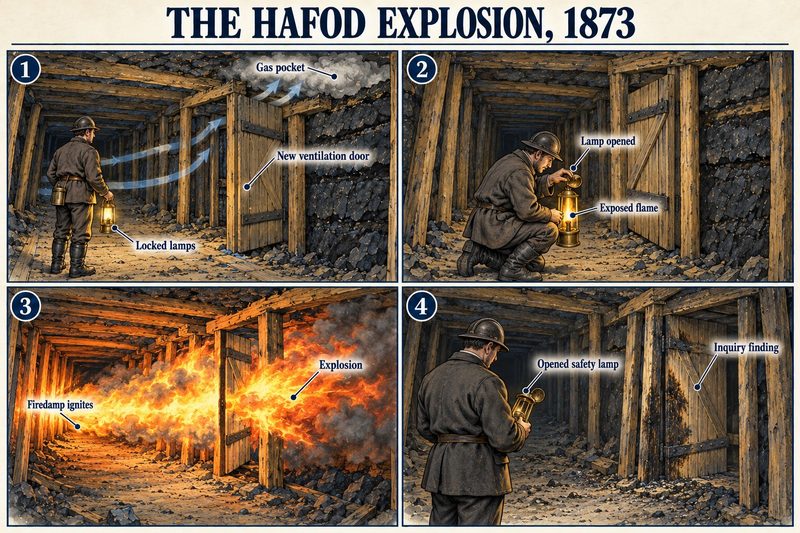 Four panels: a pit worked with locked lamps, a new ventilation door, the master dataller opening his lamp to inspect it, and the gas igniting.
