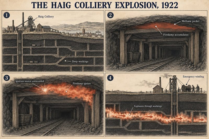 Four panels: the colliery above its deep undersea workings, a methane pocket at the roof, the gas igniting from an unrecorded source, and the explosion running through the workings.